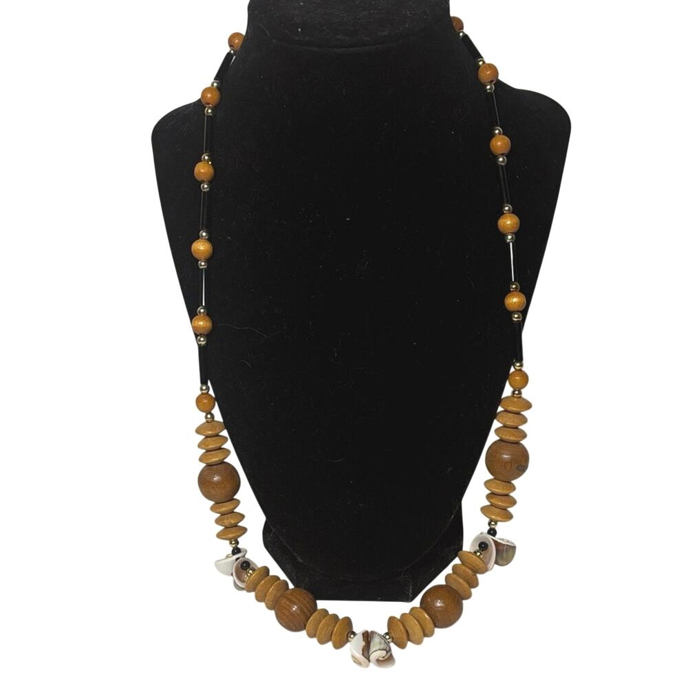 Vintage Wood & Shell Beaded Necklace 26” Boho Coastal Statement Strand